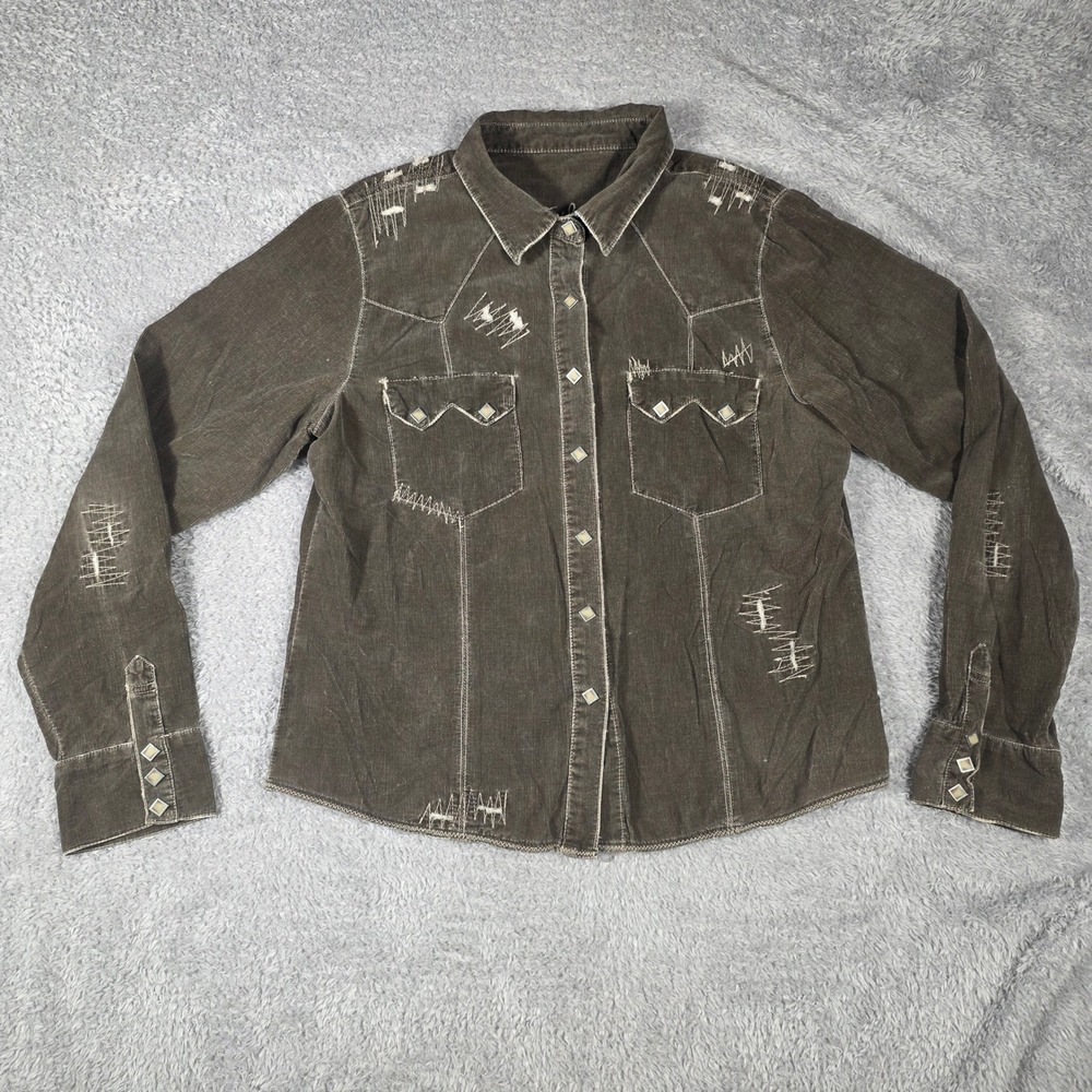Silver Jeans Western Shirt Women XL Brown Corduroy Distressed Pearl Snap Vintage